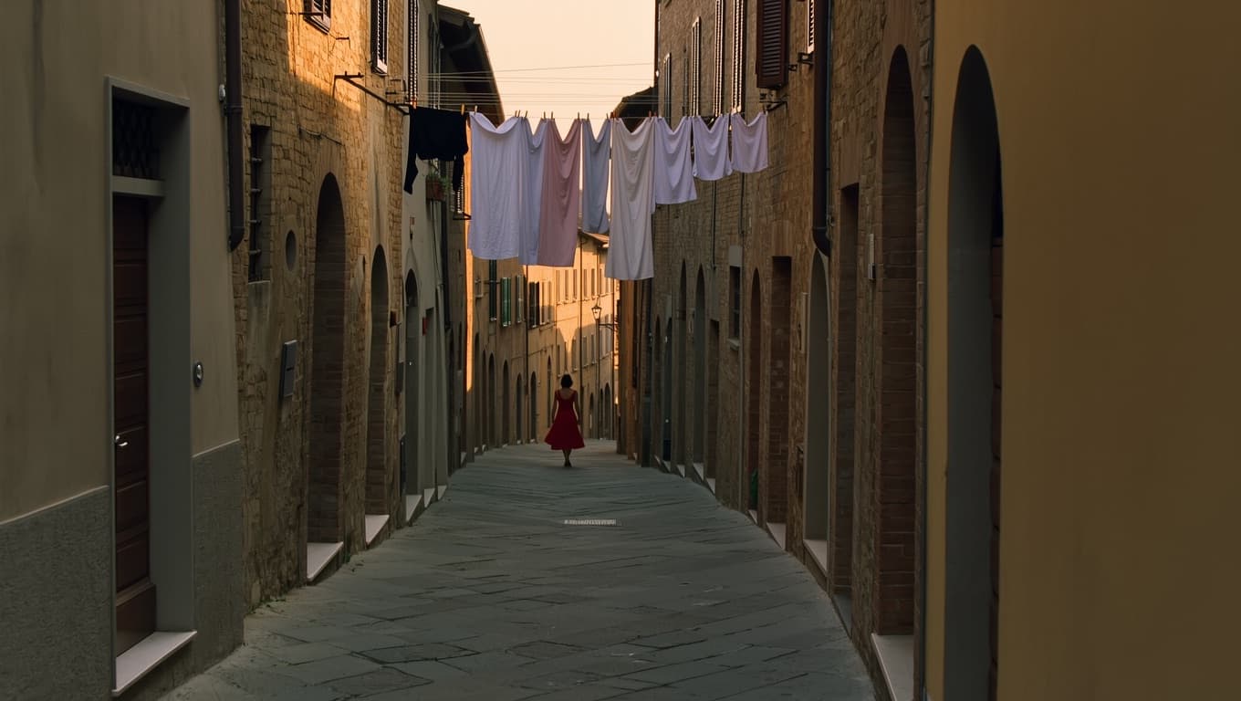 Campo largo: vicolo di un borgo italiano al tramonto, panni stesi, figura in abito rosso in lontananza